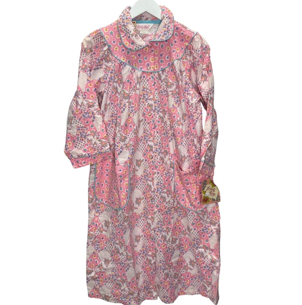 Vintage Lovely Lady Flannel Snap Button Robe House Coat S Pink Retro Floral New